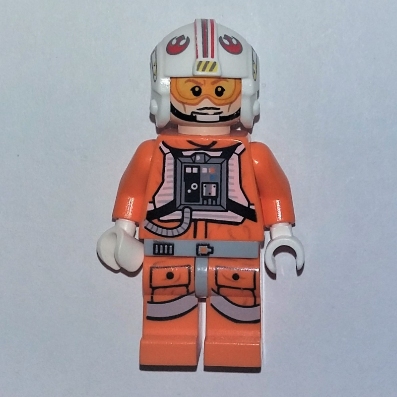Lego Luke Skywalker, Orange Rebel Pilot Outfit, Light Bluish Gray Hips, White Hands, Visor on Both Sides of Head