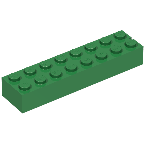Lego Brick 2 x 8 without Bottom Tubes, 1 End Slot / Green