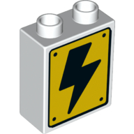 Lego Duplo Brick 1 x 2 x 2 with Bottom Tube and Hazard Sign, Black Lightning Bolt, Dinosaur Eggs on Back Print / White