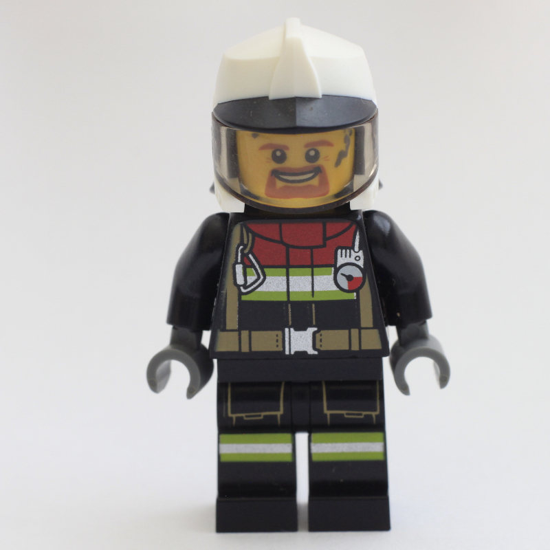 Lego Fireman, Black Firesuit, White Helmet with Black Peak and Neck Protector with Visor