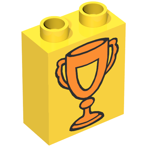 Lego Duplo Brick 1 x 2 x 2 with Trophy Cup with Shield, Orange Print / Yellow