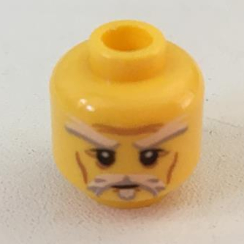 Lego Minifig Head Sensei Wu (Master), Beard with White Goatee, Moustache and Eyebrows and Brown Lines Print [Hollow Stud] / Yellow