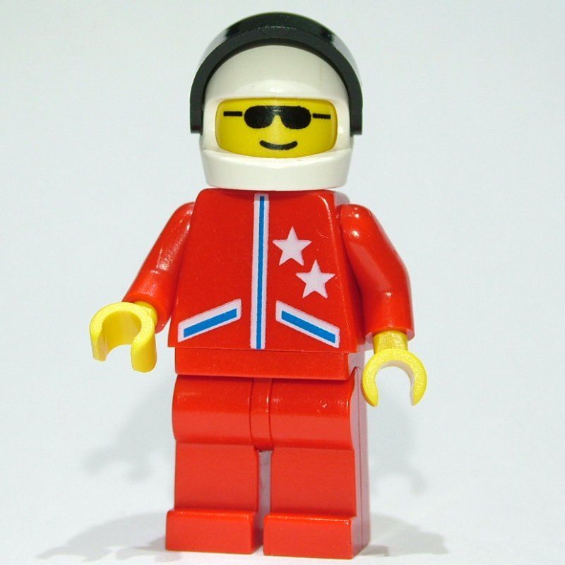 Lego Racer, Red Jacket with 2 Stars, White Helmet with Visor, Sunglasses