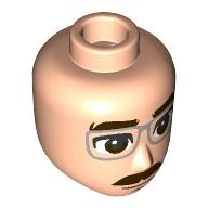 Lego Minidoll Head Male Thick dark Brown Eyebrows, Mustache, Silver Glasses / Light Nougat