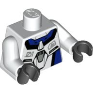 Lego Torso Blue Panels with Black Edges with Dark Gray Badge Print, White Arms, Black Hands / White
