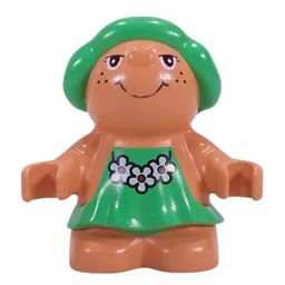 Duplo Figure Little Forest Friend Female, Green Dress with Three White Flowers Necklace Print (Trixie Toadstool) / Nougat