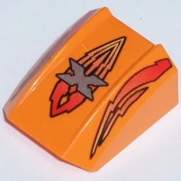 Brick Curved 2 x 2 with Lip, No Studs with Island Xtreme Stunts Logo and Flames Print / Orange