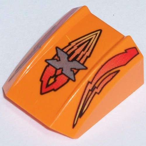 Lego Brick Curved 2 x 2 with Lip, No Studs with Island Xtreme Stunts Logo and Flames Print / Orange
