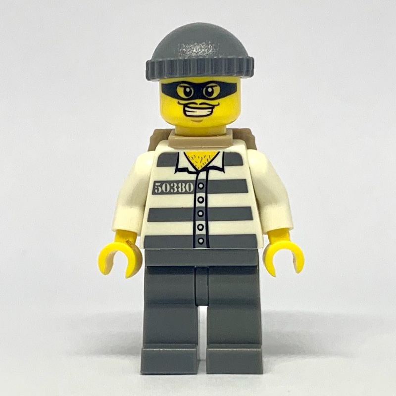 Lego Criminal, Prison Shirt with #50380, Dark Bluish Gray Legs, Dark Bluish Gray Hat, Backpack, Black Eyemask