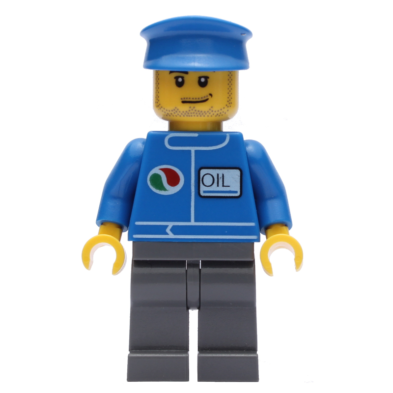 Lego Mechanic, Blue Jacket with Octan Logo, Dark Bluish Gray Legs, Blue Hat, Stubble