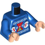 Lego Torso, Christmas Sweater, Snow Mans, Christmas Tree on Red Background print, Blue Arms, Light Nougat Hands / Blue