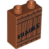 Duplo Brick 1 x 2 x 2 with Wood Grain & 'FRAGILE' Print / Dark Orange