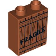 Lego Duplo Brick 1 x 2 x 2 with Wood Grain & 'FRAGILE' Print / Dark Orange