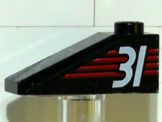 Lego Slope 33 3 x 1 with White Number 31 on Red Stripes Pattern Model Left Side (Sticker) - Set 6639