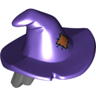 Lego Hair and Hat, Floppy Witch Hat with Dark Bluish Gray Hair and Orange Patch Print