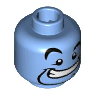 Minifig Head Genie, Curved Eyebrows, Right Raised Eyebrow, Narrow Goatee with Curl, Wide Mouth Smile with Teeth Print [Hollow Stud] / Medium Blue