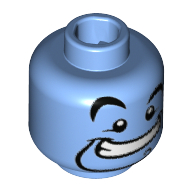 Lego Minifig Head Genie, Curved Eyebrows, Right Raised Eyebrow, Narrow Goatee with Curl, Wide Mouth Smile with Teeth print [Hollow Stud] / Medium Blue