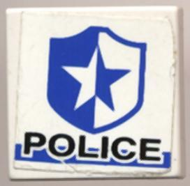 Lego Tile 2 x 2 with 'POLICE' on White/Blue Background with Badge Pattern (Sticker) - Set 8230