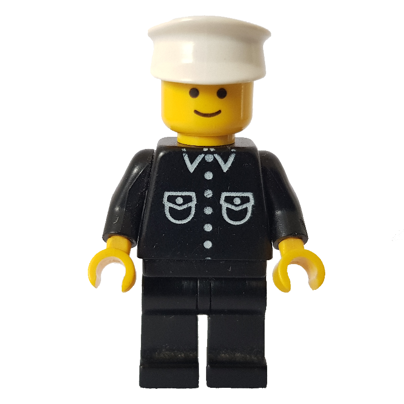 Lego Man, Black Shirt with Buttons and Pockets, Black Legs, White Hat