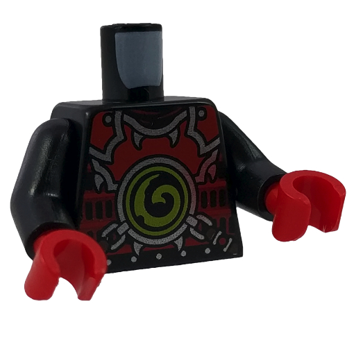 Lego Torso Red Armor with Lime Swirl Medallion / Belts on Back Print, Black Arms, Red Hands / Black