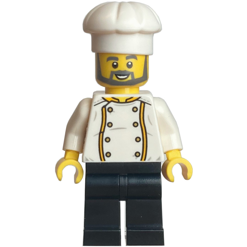 Lego Chef - White Torso, Black Legs, White Hat, Dark Bluish Grey Beard