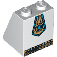 Lego Brick Sloped 65° 2 x 2 x 2 with Bottom Tube with Gold Panel with Blue Jewel and Gold Fringe Print [col05-14] / White