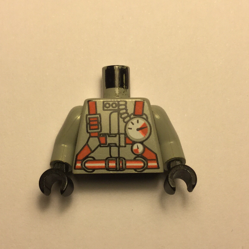 Lego Torso Fire Shirt with Gauge and Orange Belt Print, Light Gray Arms, Black Hands / Light Gray