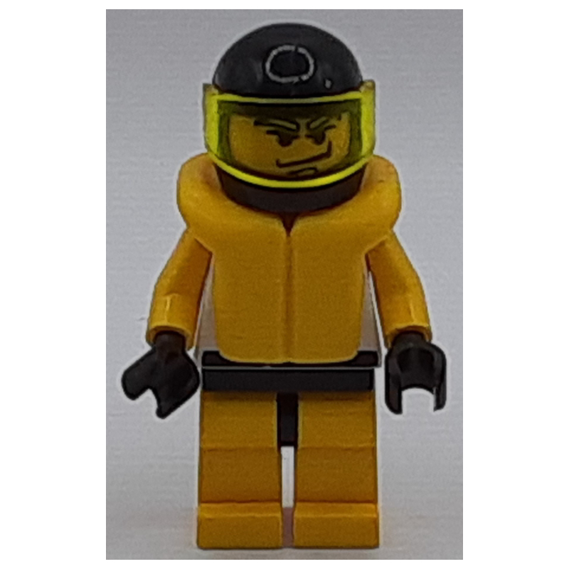 Lego Racer, Yellow and White Outfit with Tiger, Black Helmet with Visor, Yellow Life Vest