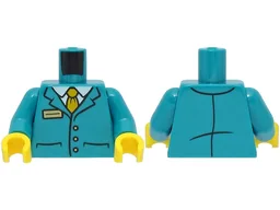 Torso Suit Jacket with 3 Buttons and Pockets over White Shirt, Bright Light Orange Tie, Gold Badge Pattern / Dark Turquoise Arms / Yellow Hands