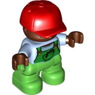 Lego Duplo Figure Child with Cap Red, with Light Bright Blue Shirt under Green Coveralls - Dark Brown Face and Hands - Bright Green Legs / Bright Light Blue