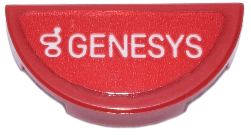 Lego Tile, Round 1 x 2 Half with White 'GENESYS' and Logo Pattern (Sticker) - Set 77242