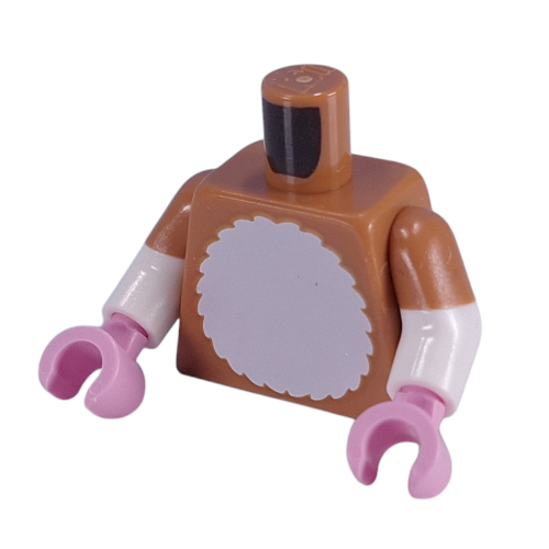Lego Torso, Dual Molded Arms, White Fur Chest, Tail print, with Medium Nougat Sleeves Pattern, White Arms, Bright Pink Hands / Medium Nougat
