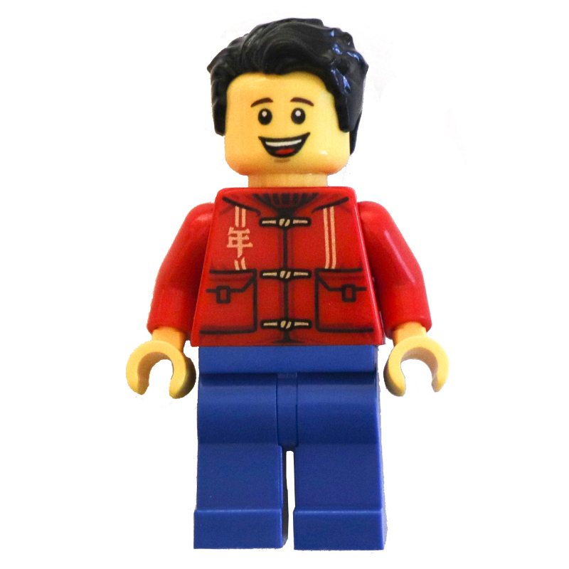 Lego Red Torso, Blue Legs, Black Hair, Tan Bag