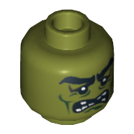 Lego Minifig Head Monster, Thick Eyebrows, Toothy Grimace and Scars Print [Blocked Open Stud] / Olive Green