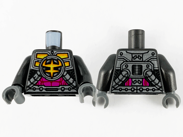 Lego Torso Mechanical Armor, Ironclad Logo, Silver Plates, Tubes and Magenta Stomach Pattern / Pearl Dark Gray Arms / Dark Bluish Gray Hands