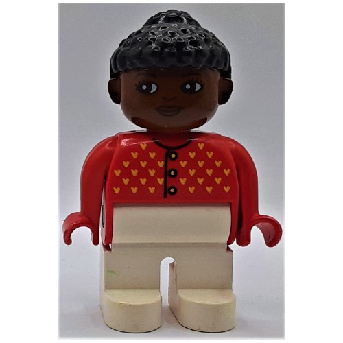 Lego Duplo Figure, Early, Curly Hair with Bun Black, White Legs, Cardigan with Yellow V Stitching and Buttons Print / Red