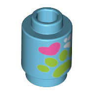 Lego Brick Round 1 x 1 Open Stud with Paws and Heart Print / Medium Azure
