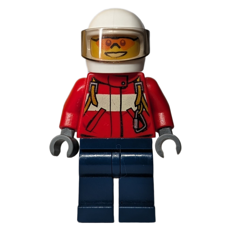 Lego Fireman, Red Jacket with Straps, White Helmet with Visor, Orange Sunglasses