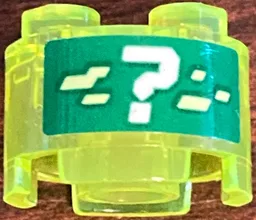 Brick, Round 2 x 2 with Axle Hole with White Question Mark and Yellowish Green Pixels on Green Background Pattern (Sticker) - Set 71709