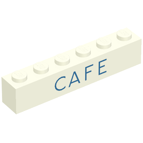 Lego Brick 1 x 6 with 'CAFE' Thin Blue Print / White