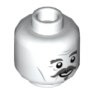 Lego Minifig Head Nearly Headless Nick, Dark Bluish Grey Thick Eyebrows, Mustache, Goatee, Smiling / Worried Print / White