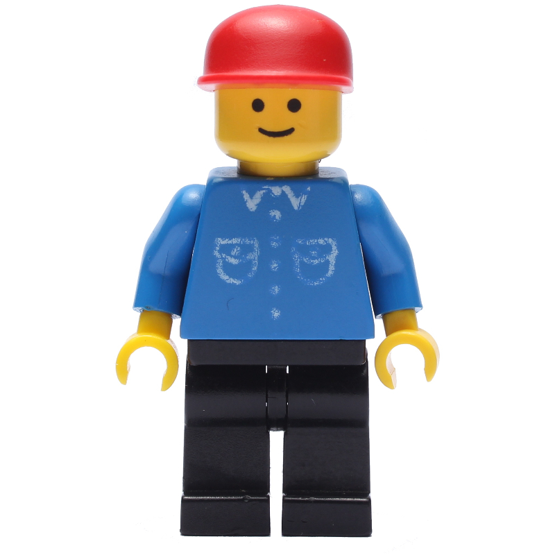 Lego Man, Blue Shirt with Buttons and Pockets, Black Legs, Red Cap