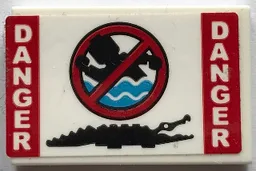 Tile 2 x 3 with Red and White 'DANGER', Black Crocodile and No Swimming Sign Pattern (Sticker) - Set 70907