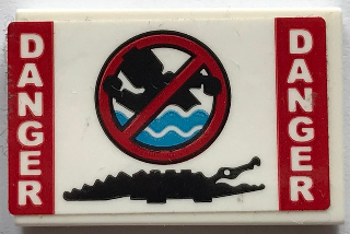 Lego Tile 2 x 3 with Red and White 'DANGER', Black Crocodile and No Swimming Sign Pattern (Sticker) - Set 70907