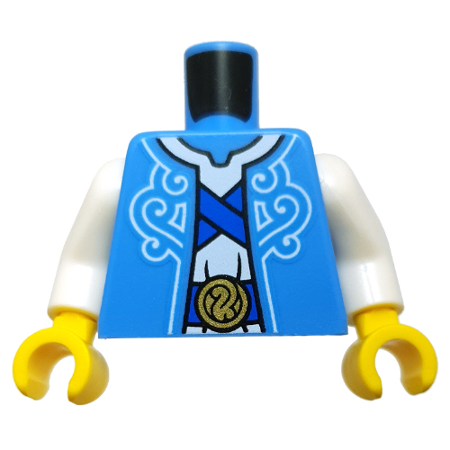Lego Torso Robe, White Tunic, Blue Trim, Belt, Gold Belt Buckle print, White Arms, Yellow Hands / Medium Blue