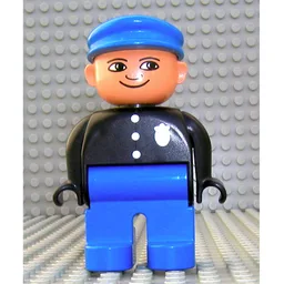 Duplo Figure, Early, with Flat Cap Blue, Blue Legs, Three Buttons and Police Badge, Nose Pointing Down Print / Black