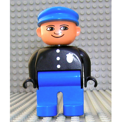 Lego Duplo Figure, Early, with Flat Cap Blue, Blue Legs, Three Buttons and Police Badge, Nose Pointing Down Print / Black