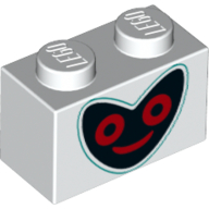 Lego Brick 1 x 2 with Heart Shape Black Face, Red Eyes, Mouth print / White