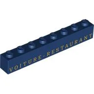 Brick 1 x 8 with Gold 'VOITURE - RESTAURANT' Print / Dark Blue