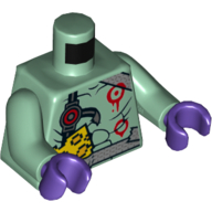 Lego Torso Bare Chest, Black Shoulder Strap with Red Circle, Red Circle Paint, Silver Belt with Pixelated Cheese Print, Sand Green Arms, Dark Purple Hands / Sand Green